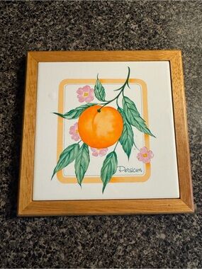 VTG 80s Ceramic Tile Trivet Featuring Peach Illustration With Pink Flowers